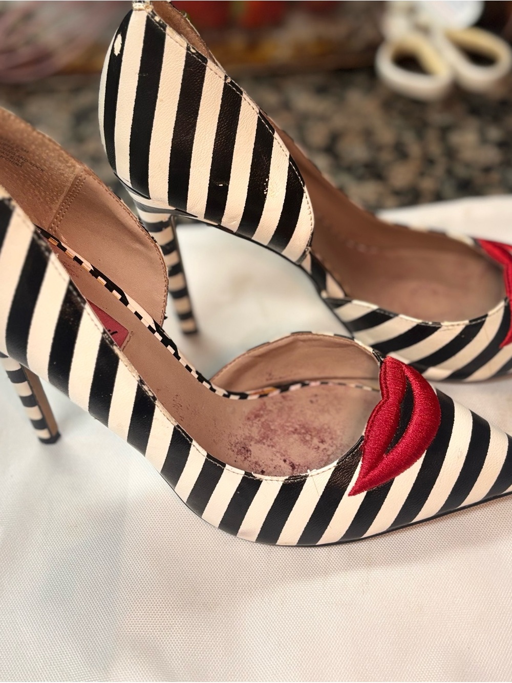 Betesy Johnson Black & White Striped High Heels with Red Lip Accent